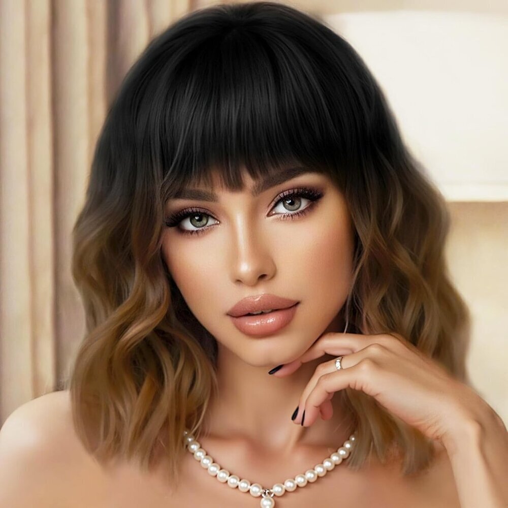 Women's Black Brown 14 Inches Short Pastel Curly Shoulder Length Synthetic Wig